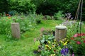 Beautiful garden. Wild herb and field flowers. English cottage style gardening picture. Gardening concept of a rural garden. good