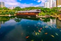 The beautiful garden with wooden house, fancy carp fish pond and building  in Chi Lin Nunnery Temple and Nan Lian Garden At Royalty Free Stock Photo