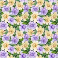 Beautiful gardenia flowers with leaves in seamless floral pattern. Bright botanical background. Watercolor painting. Hand drawn