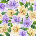 Beautiful gardenia flowers with leaves in seamless floral pattern. Pastel colored botanical background. Watercolor painting.