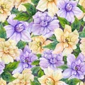 Beautiful gardenia flowers with leaves in seamless floral pattern. Pastel colored botanical background. Watercolor painting.