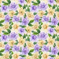 Beautiful gardenia flowers with leaves in seamless floral pattern. Pastel colored botanical background. Watercolor painting.