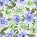 Beautiful gardenia flowers with leaves in seamless floral pattern. Pastel colored botanical background. Watercolor painting.