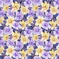 Beautiful gardenia flowers with leaves in seamless floral pattern. Pastel colored botanical background. Watercolor painting.