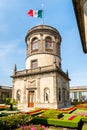 Beautiful gardens and tower on top of Chapultepec Castle in Mexico City Royalty Free Stock Photo