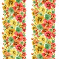 Beautiful garlands made of nasturtium flowers green leaves on white background. Seamless floral pattern. Vertical border.