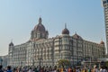 Beautiful Gateway of India near Taj Palace hotel on the Mumbai harbour with many jetties on Arabian sea