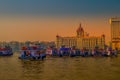 Beautiful Gateway of India near Taj Palace hotel on the Mumbai harbour with many jetties on Arabian sea Royalty Free Stock Photo