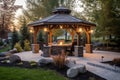 Beautiful gazebo square stone fire. Generate AI Royalty Free Stock Photo