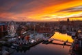 Beautiful Gdansk city over the Motlawa river at sunset. Poland Royalty Free Stock Photo