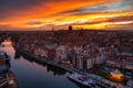 Beautiful Gdansk city over the Motlawa river at sunset. Poland Royalty Free Stock Photo