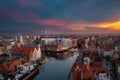 Beautiful Gdansk city over the Motlawa river at sunset. Poland Royalty Free Stock Photo