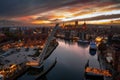 Beautiful Gdansk city over the Motlawa river at sunset. Poland Royalty Free Stock Photo