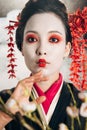 Beautiful geisha in black kimono with red flowers in hair and sakura branches on black background with smoke Royalty Free Stock Photo