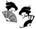 Beautiful geisha with fan black and white vector portrait