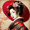 Beautiful geisha with red umbrella.