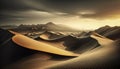 Beautiful Generative AI illustration epic landscape of expansive desert with rolling sand dunes during golden hour sunrise