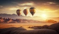Beautiful Generative AI illustration of hot air balloons flying over an epic wild mountain landscape during sunrise golden hour Royalty Free Stock Photo