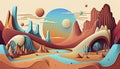 Beautiful generative AI illustration of simple layered vector style landscape surreal fantasy art with lovely pastel vibrant
