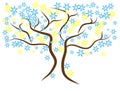 Beautiful gentle blue winter tree. Brown branches with yellow and light blue stars.