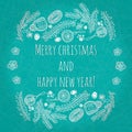 Beautiful and gentle greeting Happy New Year and Merry Christmas. Christmas card, New Year banner with elements of toys.