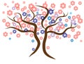 Beautiful gentle orange tree. Brown branches with blue, violet, orange and pink flowers