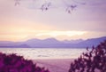 Beautiful gentle view of Lake Garda framed by flowers. In purple and lilac shades. Sunset after a thunderstorm. Mountain