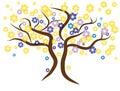 Beautiful gentle yellow tree. Brown branches with yellow,blue and violet flowers.