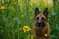 Nature and pets concept. Front view. Close up portrait. Beautiful German Shepherd sits in rapeseed field and smiles Royalty Free Stock Photo