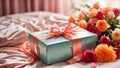 Beautiful gift box, flowers the bedroom Royalty Free Stock Photo