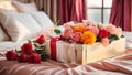 Beautiful gift box, flowers the bedroom engagement Royalty Free Stock Photo