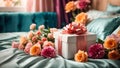 Beautiful gift box, flowers the bedroom trendy creative greeting Royalty Free Stock Photo