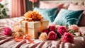 Beautiful gift box, flowers the bedroom trendy creative greeting event Royalty Free Stock Photo