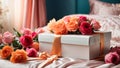 Beautiful gift box, flowers the bedroom trendy creative Royalty Free Stock Photo