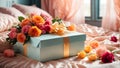 Beautiful gift box, flowers the bedroom trendy Royalty Free Stock Photo