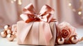 Beautiful gift box with pink bow against blurred lights and bokeh background. with copy space. Greeting card. celebration concept Royalty Free Stock Photo
