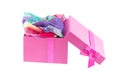 Beautiful gift box pink inside shawl on white isolated
