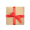 Beautiful gift box with red bow isolated on white, top view Royalty Free Stock Photo