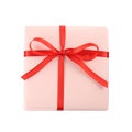 Beautiful gift box with red bow isolated on white, top view Royalty Free Stock Photo