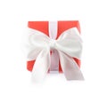 Beautiful gift box with ribbon bow isolated on white, top view Royalty Free Stock Photo