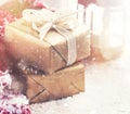 Beautiful gift boxes with christmas props on pastel background Royalty Free Stock Photo