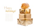 Beautiful gift boxes in gold paper with a silk rose Royalty Free Stock Photo