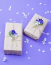 Beautiful gift boxes wrapped in simple brown craft paper decorated with live flowers of violet on a violet background