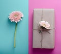 Beautiful gift boxes wrapped in simple brown kraft paper decorated with live gerbera on a pastel background. Spring festive