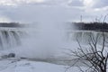 Beautiful gigantic frozen Horseshoe Niagara Waterfalls with a big tree on a frozen spring day in Niagara Falls in Ontario, Canada Royalty Free Stock Photo