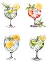 beautiful gin tonic cocktail in watercolor style