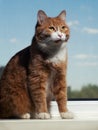 A beautiful ginger cat with black and white stripes sits on the windowsill and looking a little away from the camera. Against the Royalty Free Stock Photo