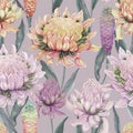 Beautiful ginger flower with green leaves on gray background. Seamless floral pattern. Watercolor painting