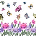 Beautiful ginger flowers and flying butterflies on white background. Seamless floral pattern, border