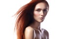 Beautiful ginger young woman with flying hair and naturel makeup. Beauty portrait of model with straight red hair Royalty Free Stock Photo